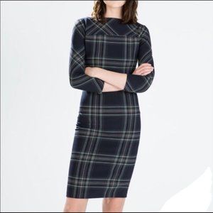 Zara Plaid Tartan Navy Boatneck Bodycon Midi Stretch Dress